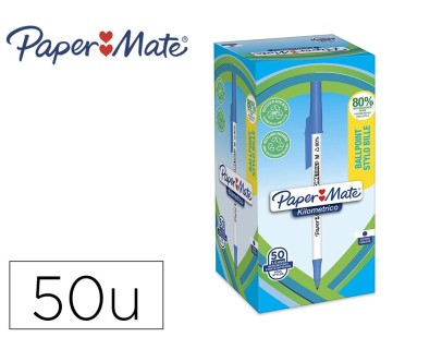 Stylo-bille paper mate kilometrico capuchon pointe moyenne 1mm encre bleue ultra douce boite 50 unites