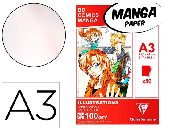 MANGA ILLUSTRATIONS BLOC COLLE CLAIREFONTAINE A3 29,7X42CM 100GR 50 FEUILLES