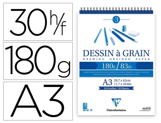 BLOC DESSIN GRAIN CLAIREFONTAINE SPIRALE A3 BLANC 29,7CMX42CM 180 GRAMME 30 FEUILLES