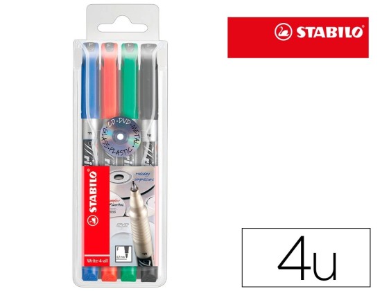 Marqueur stabilo write-4-all permanent tous supports pointe fine pochette 4 assortis