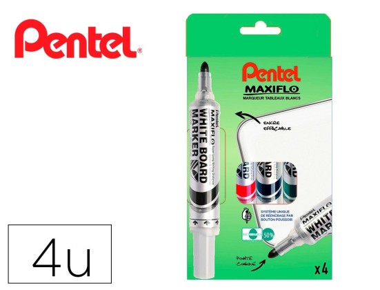 Marqueur pentel maxiflo effaçable tableau blanc pointe large encre liquide niveau visible pack 4 unités assorties