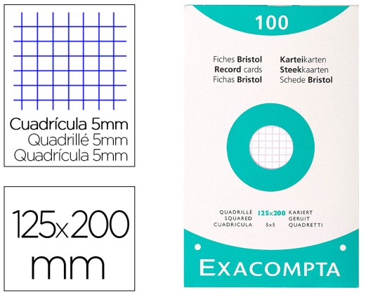 ETUI DE 100 EXA PAP BRISTOL BLANC FICHES QUADRILLE 5X5 UNI 125x200 mm