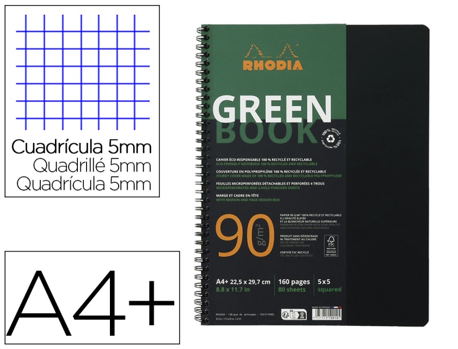 CAHIER RHODIACTIVE GREENBOOK RHODIA SPI DIN A4+ NOIR PP 160 RI