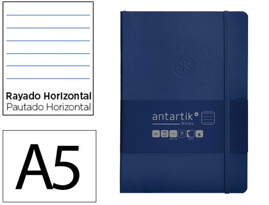 CARNET A5 ANTARTIK NOTES LIGNE COUVERTURE SOUPLE FERMETURE ELASTIQUE 200 PAGES 80GR COLORIS BLEU MARINE