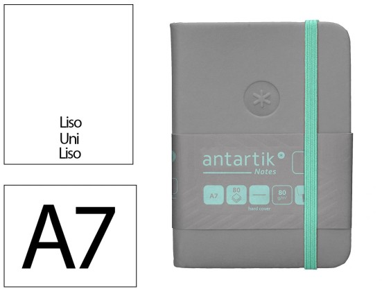 CARNET A7 ANTARTIK NOTES PAPIER UNI IVOIRE COUVERTURE RIGIDE FERMETURE ELASTIQUE TURQUOISE 160 PAGES 80GR COLORIS GRIS