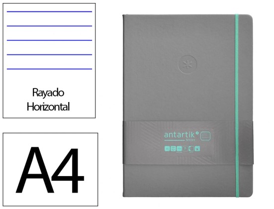 CARNET A4 ANTARTIK NOTES LIGNE COUVERTURE RIGIDE FERMETURE ELASTIQUE TURQUOISE 200 PAGES 80GR COLORIS GRIS