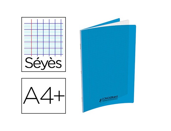 CAHIER CONQUERANT PP A4+ 24X32CM 140 PAGES 90G SEYES COULEUR BLEU