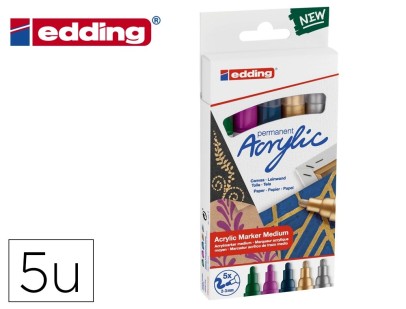 Marqueur edding permanent acrylic 5100 pointe ogive 2-3mm coloris festif assortis boite 5 unites.