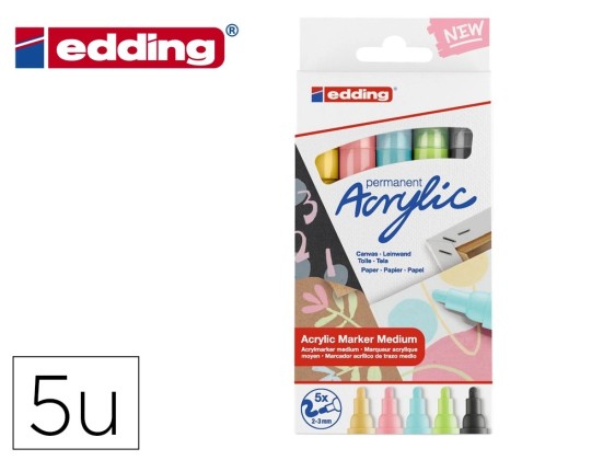 Marqueur edding permanent acrylic 5100 pointe ogive 2-3mm coloris pastel assortis boite 5 unites.