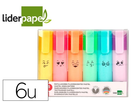 Surligneur liderpapel fluorescent pointe biseaute etui de 6 un coloris pastel assortis.