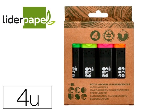 Surligneur liderpapel ecouse fluorescent fabrique 68% plastique recycle boite de 4 coloris assortis