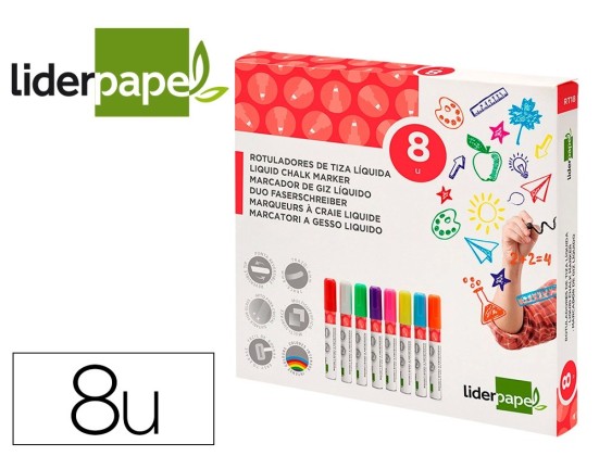 Marqueur liderpapel encre craie liquide pointe ronde trait de 6 mm boite de 8 coloris assortis.
