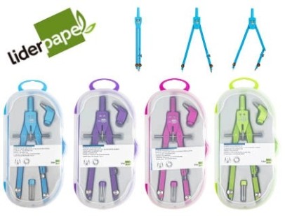 Compas liderpapel micrométrique articulé 2 branches adaptateur circonférence 32cm longueur 17cm mines 2mm étui plastique