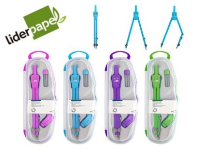 Compas liderpapel articulé adaptateur universel circonférence 38cm longueur 14cm mine 2mm étui coloris assortis