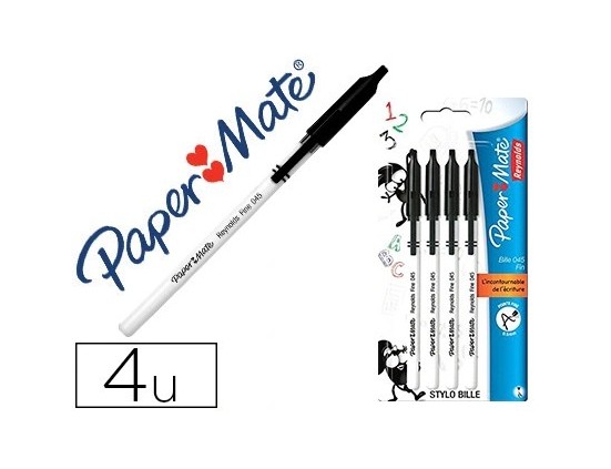 Stylo-bille paper mate fine carbure couleur noir sachet 4 unités